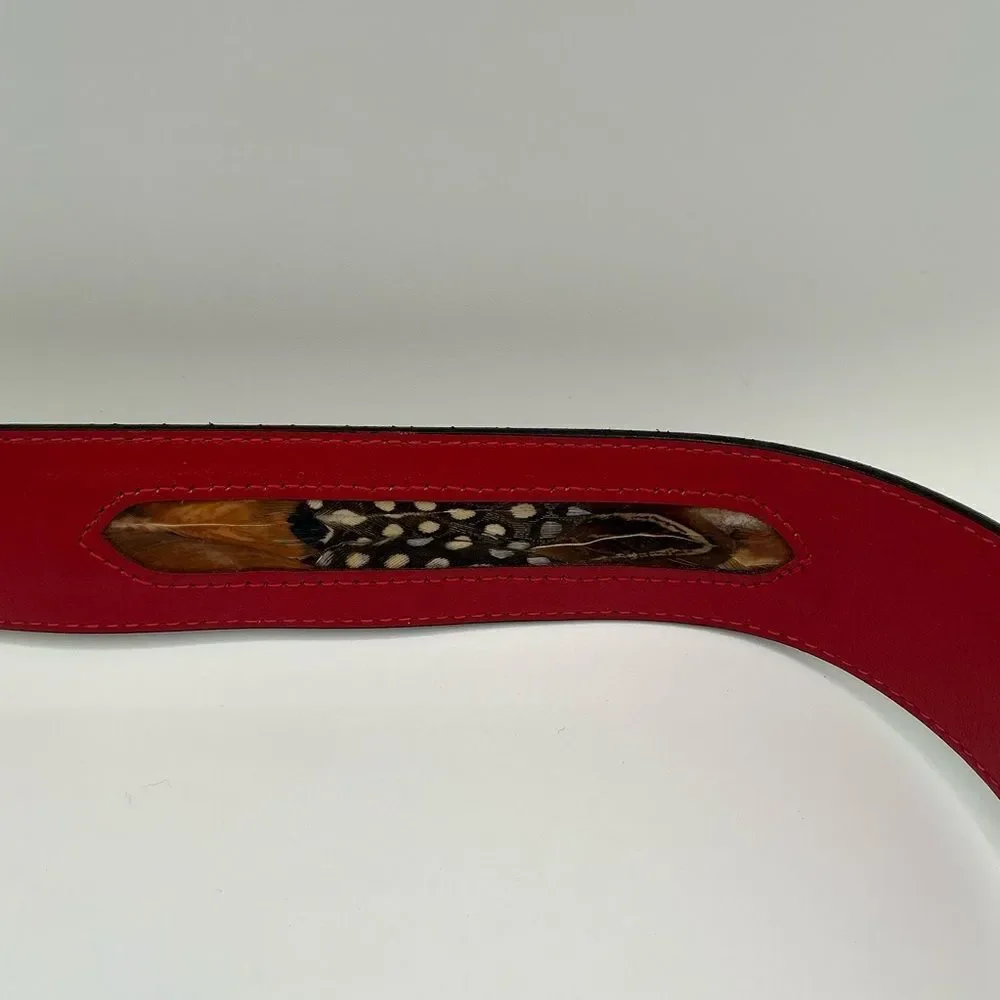 Red Rondina leather belt with feather inlays